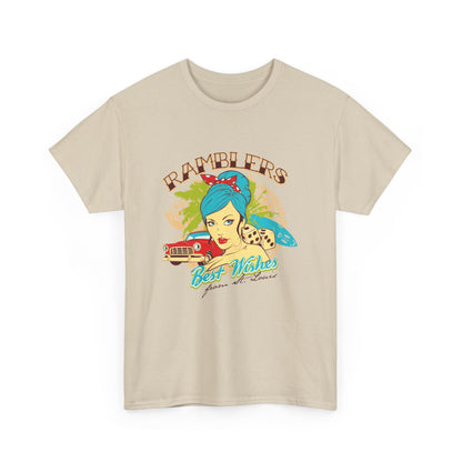 Front view of a chic beige retro graphic t-shirt showcasing a stunning pin-up illustration, luxurious colour palette, and distinctive text, perfect for vintage enthusiasts wanting to stand out.