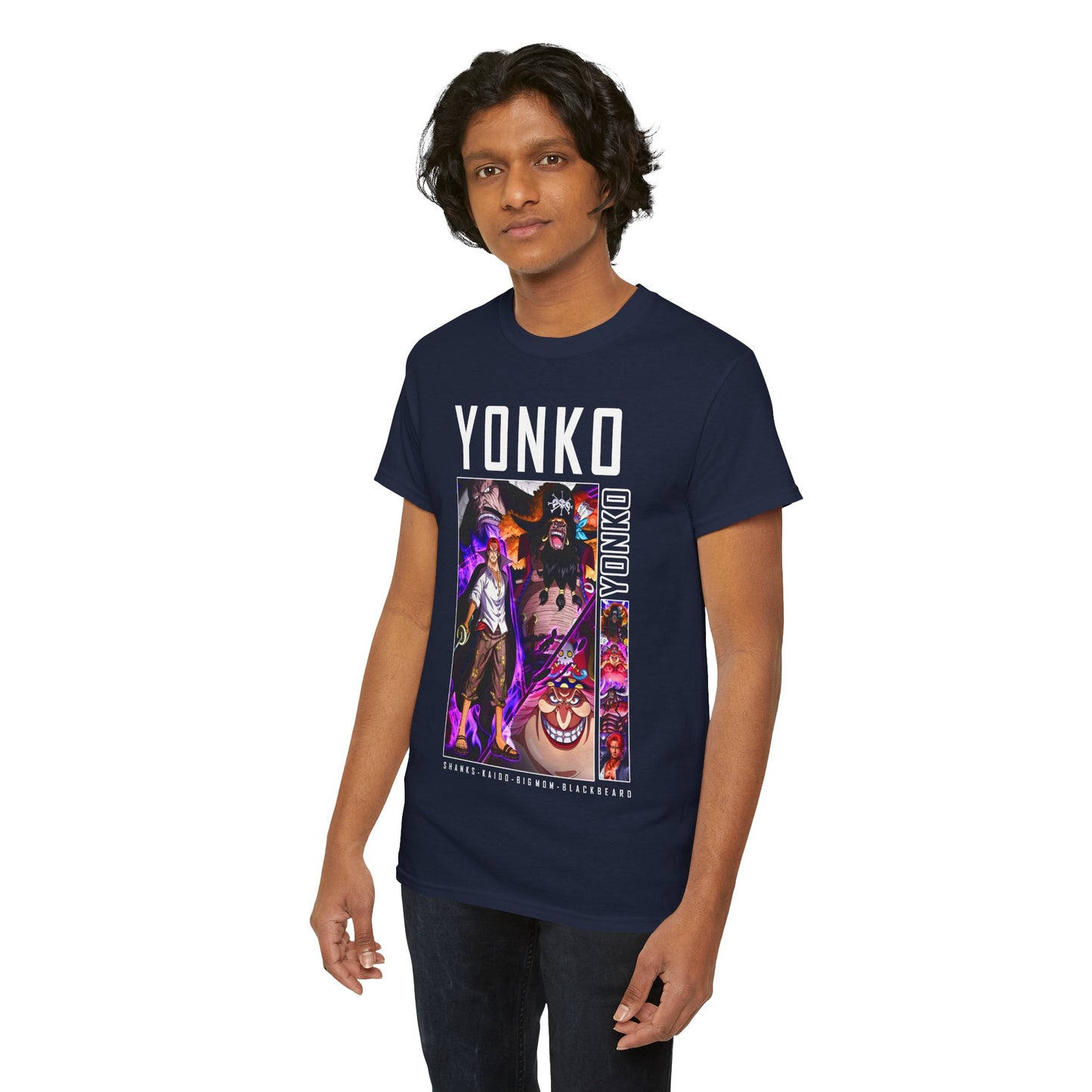 A fashionable young man posing in a navy blue YONKO t-shirt, adorned with iconic anime characters, reflecting modern streetwear luxury for anime enthusiasts.