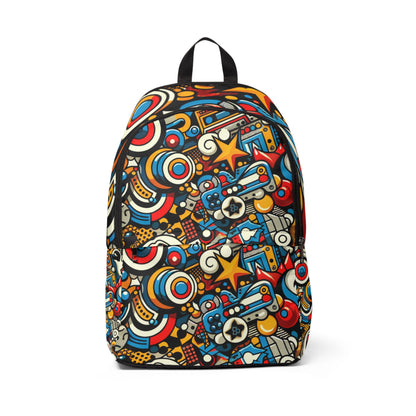 Ethereal Pop Art Backpack by Dazzling Dreams Studio showcasing vibrant cartoon characters and contemporary design, perfect for fashion-forward individuals.