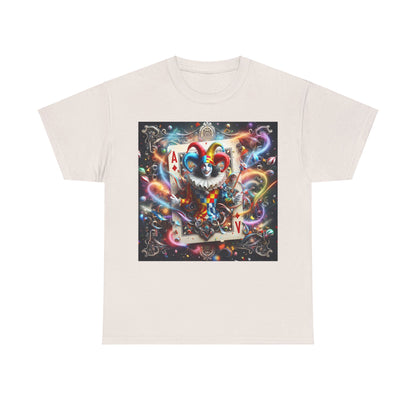 Elegant Harlequin Playing Card Graphic Tee in a light tone, showcasing a whimsical clown graphic, ideal for modern streetwear.
