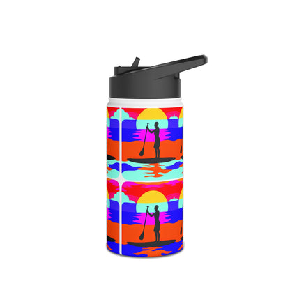 Fantasy Paddleboarding Stainless Steel Water Bottle featuring a vibrant design with silhouettes of paddleboarders against a stunning sunset backdrop, ideal for stylish hydration during adventures.
