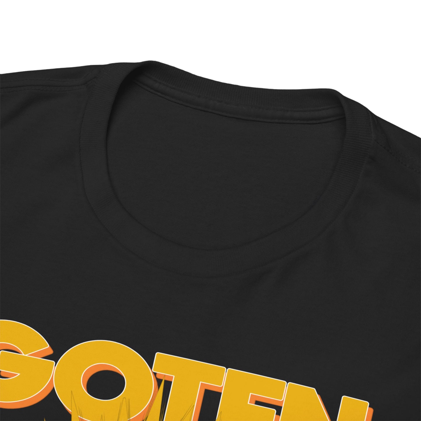 Close-up of the neckline of the luxurious Dragon Ball Z GOTEN T-shirt, showcasing its high-quality fabric and premium craftsmanship.