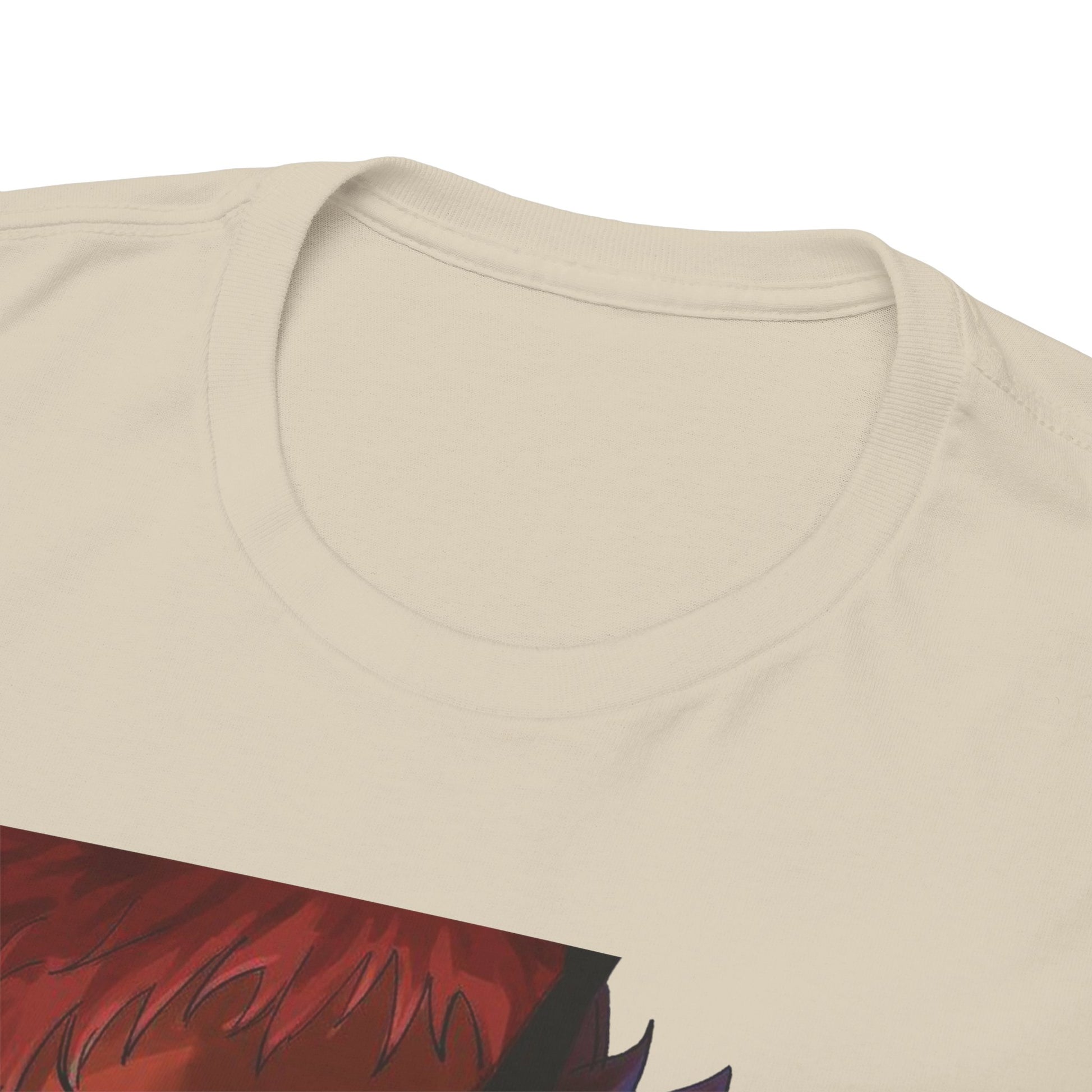 Close-up view of the luxurious beige Ryomen Sukuna anime t-shirt's collar, highlighting premium fabric and exquisite design.