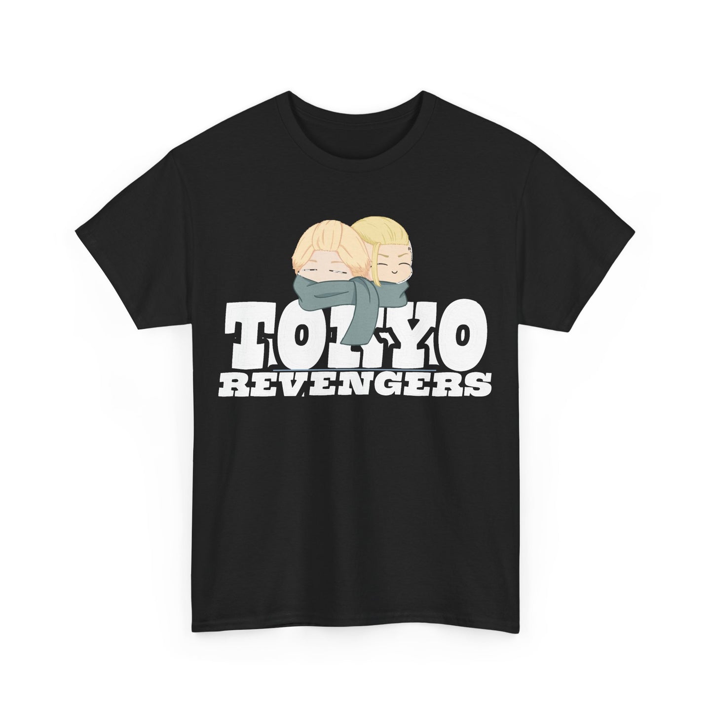 Stylish Tokyo Revengers graphic t-shirt featuring two anime characters with blonde hair and scarves, embodying friendship against a bold white font on a black tee.