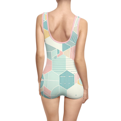 Elegant women's vintage swimsuit by Dazzling Dreams Studio, showcasing a stunning design with a deep U-shape neck cut for a flattering silhouette.