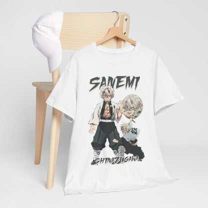 Stylish Sanemi Shinazugawa T-shirt laid gracefully on a chair, paired with a chic cap, highlighting its stunning graphics tailored for anime enthusiasts.
