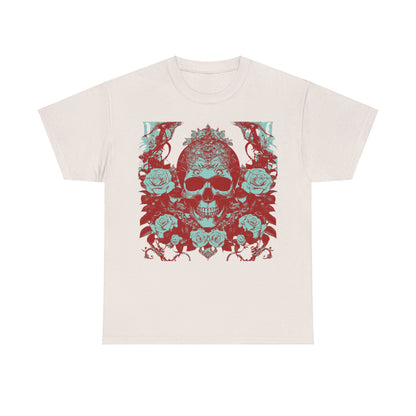 Skulls and Roses Cotton Tee in cream, featuring an exquisite skull design with beautiful roses, a perfect choice for those seeking a standout piece.