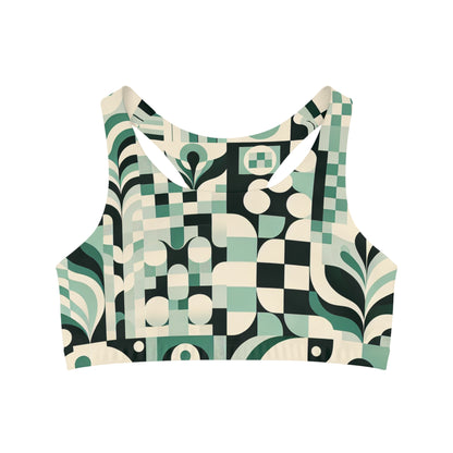 Daria Bellucci Vibrant Pastel Green Sports Bra by Dazzling Dreams Studio featuring a chic modern checkered and block print design, perfect for a luxurious athleisure look.