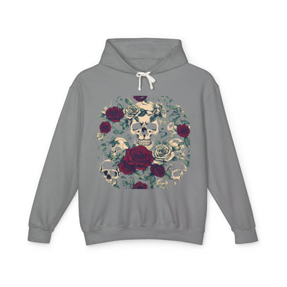 Unisex Lightweight Hooded Sweatshirt in grey, highlighting a captivating designer skull and roses graphic, displayed artistically, embodying a unique and stylish aesthetic.