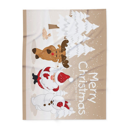 Chic Decorative and Warm Christmas Arctic Fleece Blanket with whimsical festive designs, featuring a joyful snowman, a reindeer, and Santa, ideal for seasonal comfort and elegance.