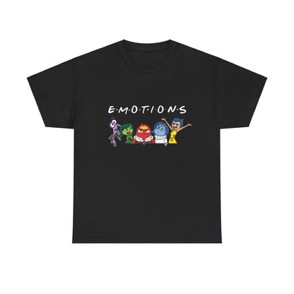 Inside Out Friends Humorous Graphic Unisex Tee Shirt featuring the five emotions characters in vibrant colours on a black background, displaying the word 'EMOTIONS' in a whimsical font.