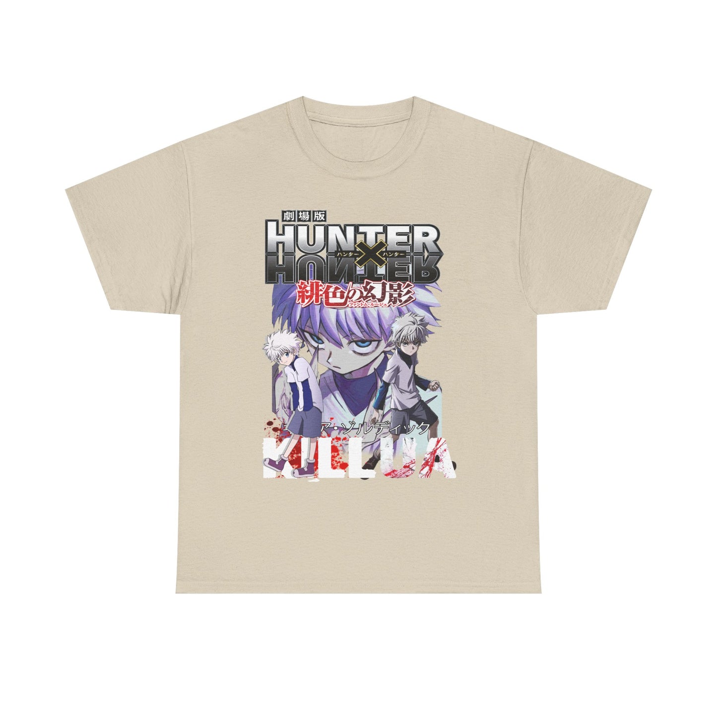 Stylish beige graphic t-shirt featuring Killua and Gon from Hunter x Hunter, artfully crafted with rich details and colours, perfect for those who appreciate exquisite anime fashion.