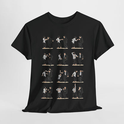 Stylish Pulp Fiction Dance graphic tee showcasing iconic dance moves with twelve whimsical illustrations. Perfect for both men and women, this unisex cotton t-shirt captures the essence of classic cinema.