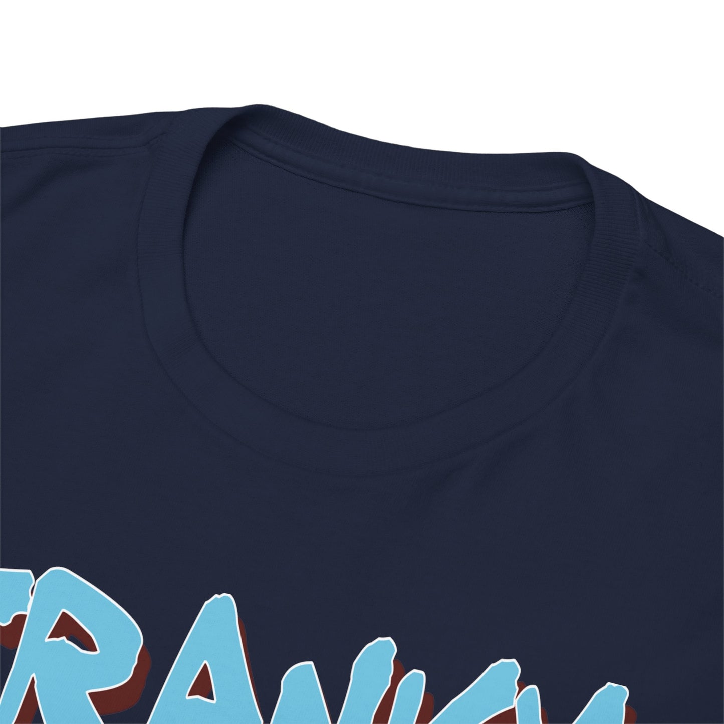 Close-up of the neckline of a premium navy t-shirt with the 'Franky' graphic, highlighting quality craftsmanship and attention to detail.