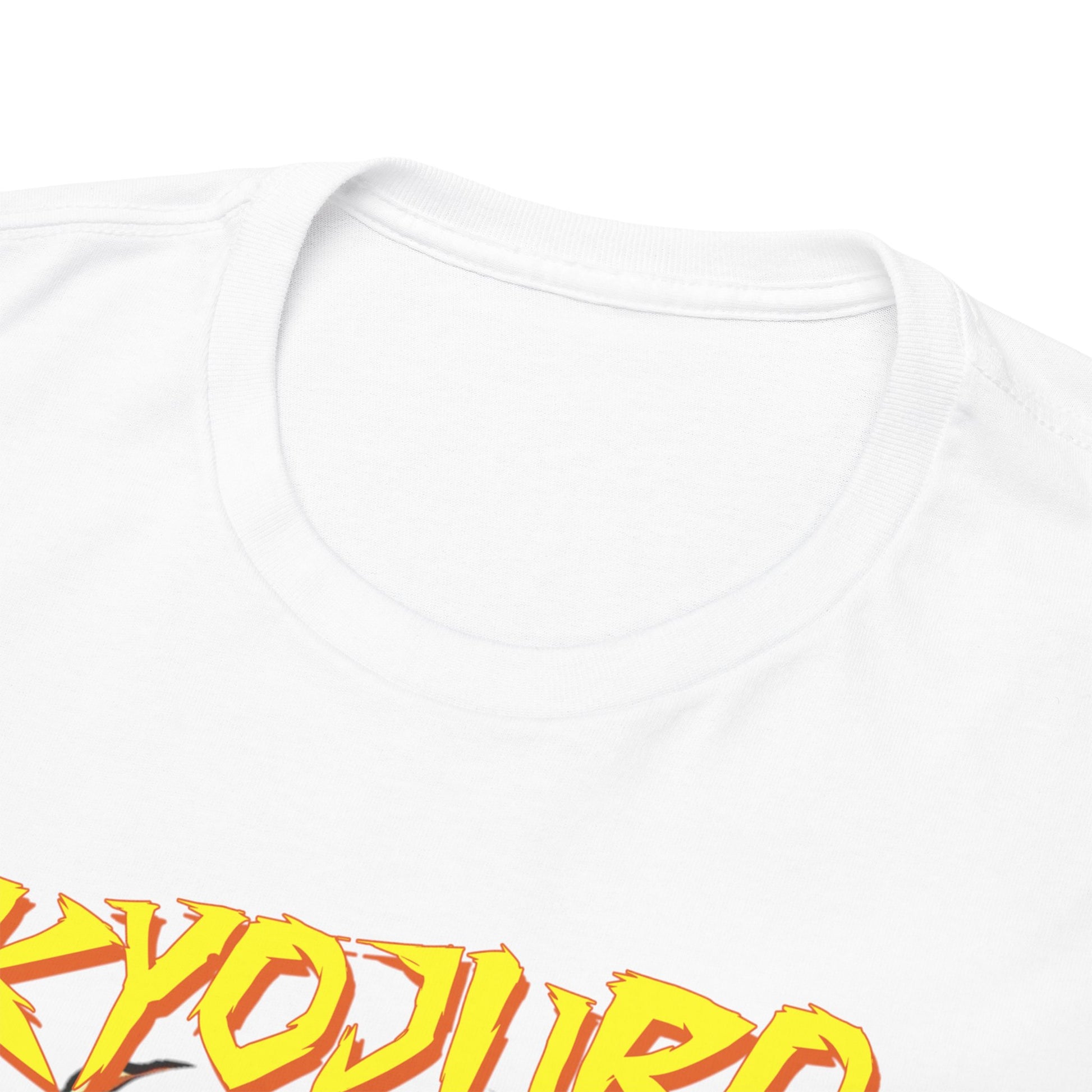 Close-up of the elegant neckline of a Kyojuro Rengoku t-shirt, showcasing meticulous craftsmanship and premium fabric quality, perfect for fashionable anime lovers.