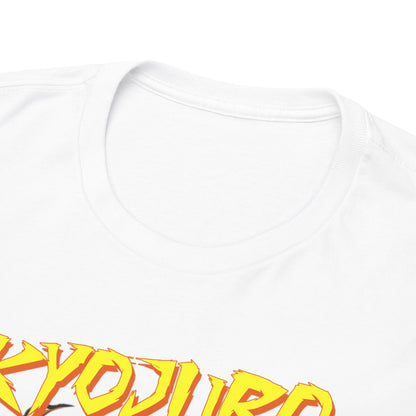 Close-up of the elegant neckline of a Kyojuro Rengoku t-shirt, showcasing meticulous craftsmanship and premium fabric quality, perfect for fashionable anime lovers.