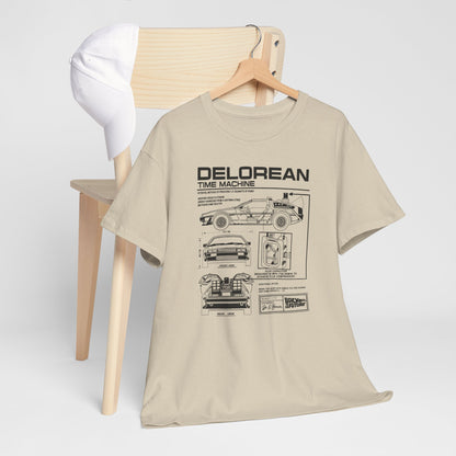 Elegant men's DeLorean time machine blueprint T-shirt, styled over a modern wooden chair with a baseball cap, showcasing premium design and intricate detail.