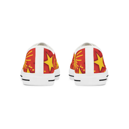 Back view of Stormy Boltson Men's Lowtop Sneakers highlighting the striking red pop art pattern with yellow stars, designed for art lovers and trendsetters.