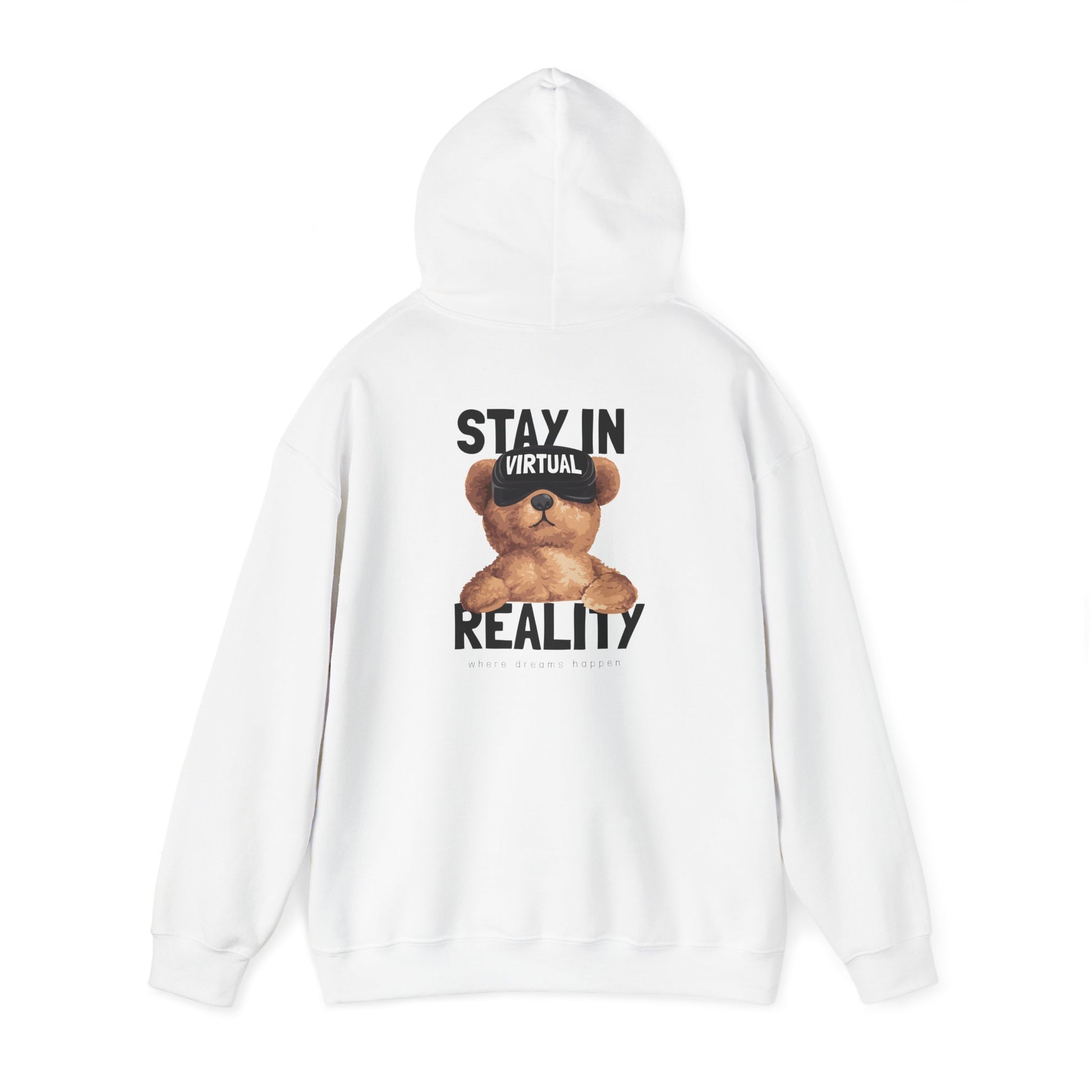 Stylish back view of a white hoodie featuring a charming VR teddy bear graphic with the phrase ‘STAY IN VIRTUAL REALITY’, ideal for fashion-forward individuals.