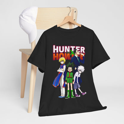 Chic Hunter x Hunter Elite T-shirt laid on a wooden chair alongside a white cap, showcasing dynamic anime character graphics, perfect for fashionable anime enthusiasts.