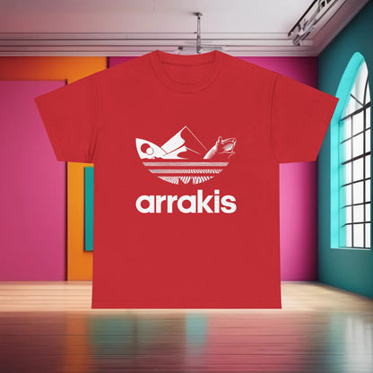 Arrakis Dune Graphic T-Shirt in vibrant red, showcasing an eye-catching graphic for fantasy art lovers. Comfortable and stylish, ideal for any casual setting.