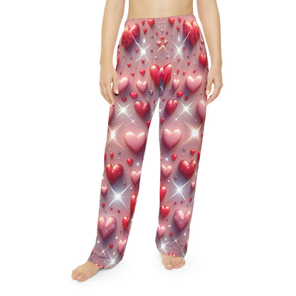 Women’s Glittering Hearts Pajama Pants showcasing a chic design with vibrant glittering hearts, perfect for stylish lounging and comfortable sleep.