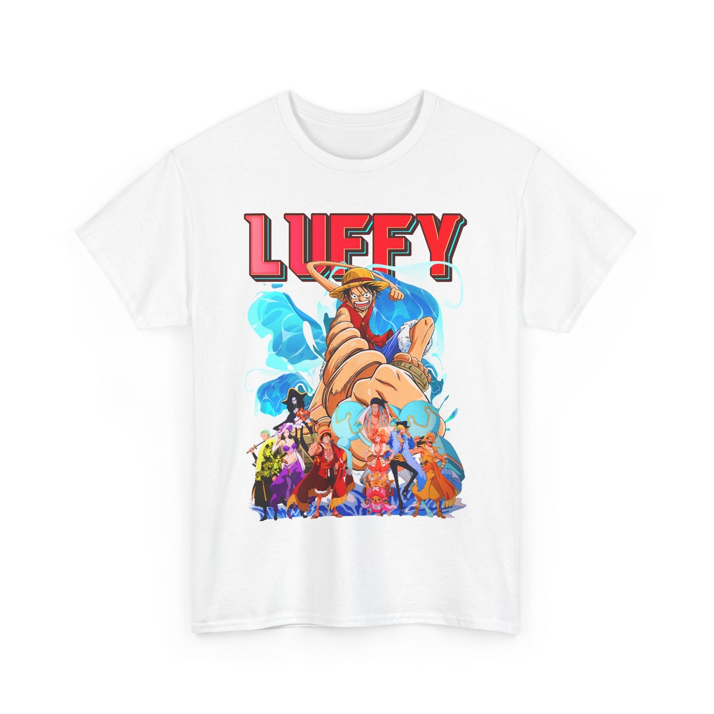 Luxury graphic t-shirt featuring a vibrant design of Luffy, the iconic anime character, surrounded by a cast of friends, showcasing a fun and adventurous spirit, perfect for stylish and bold dressing.