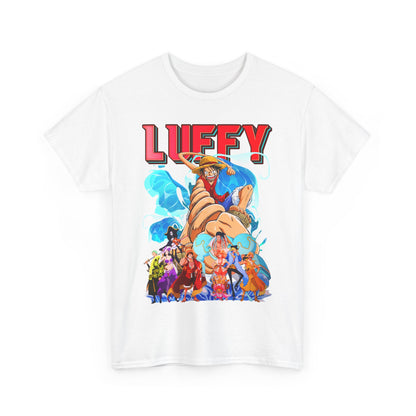 Luxury graphic t-shirt featuring a vibrant design of Luffy, the iconic anime character, surrounded by a cast of friends, showcasing a fun and adventurous spirit, perfect for stylish and bold dressing.