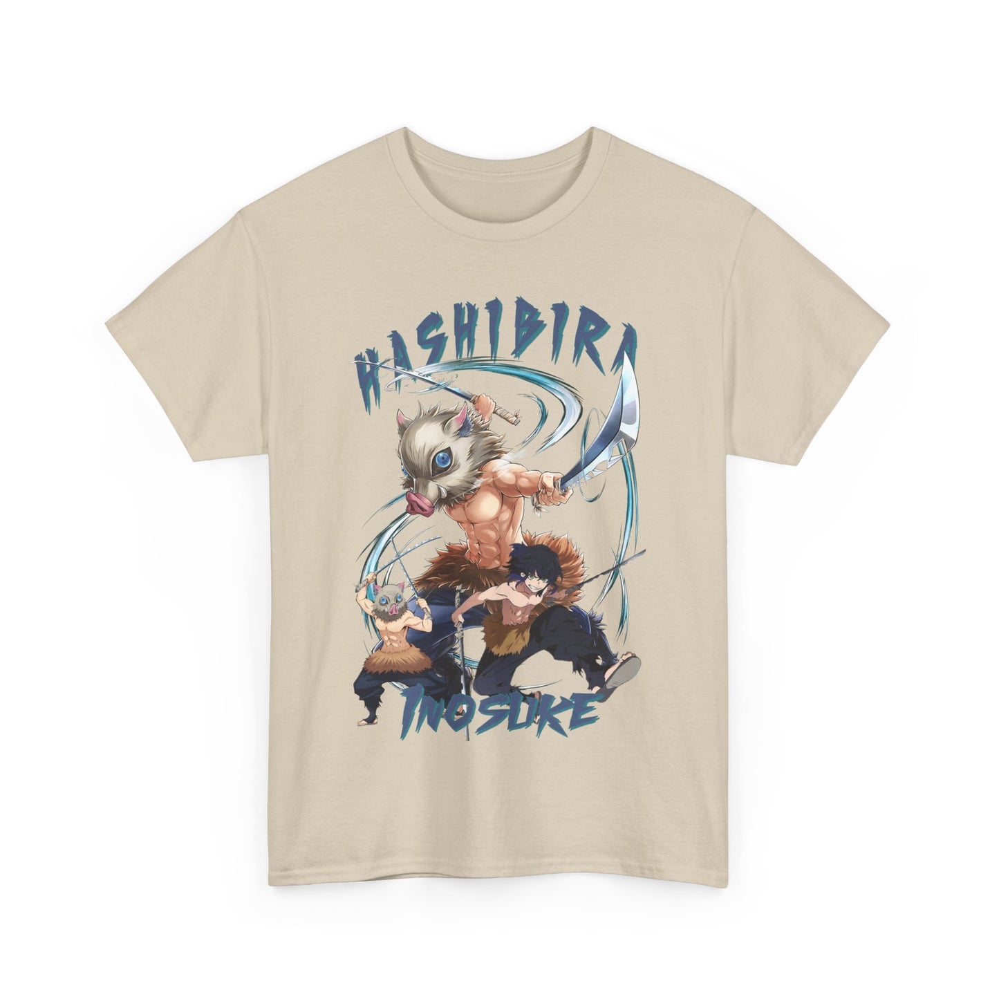Front view of the elegant beige Hashibira Inosuke graphic t-shirt, highlighting its intricate anime design and soft, luxurious fabric.