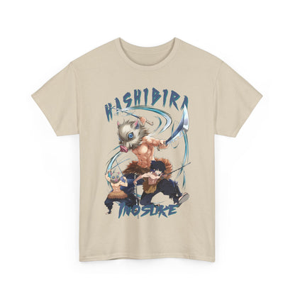 Front view of the elegant beige Hashibira Inosuke graphic t-shirt, highlighting its intricate anime design and soft, luxurious fabric.