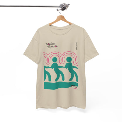 Elegant hanging display of a Squid Game graphic t-shirt showcasing visually striking designs, ideal for fashion-forward individuals.