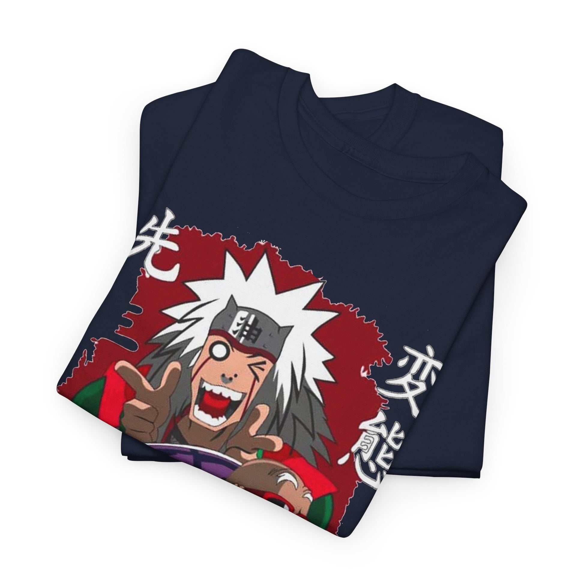 Elegant stacked navy blue Trendy Anime Vibes T-shirt highlighted by captivating graphics of dynamic characters, ideal for luxury streetwear collections.