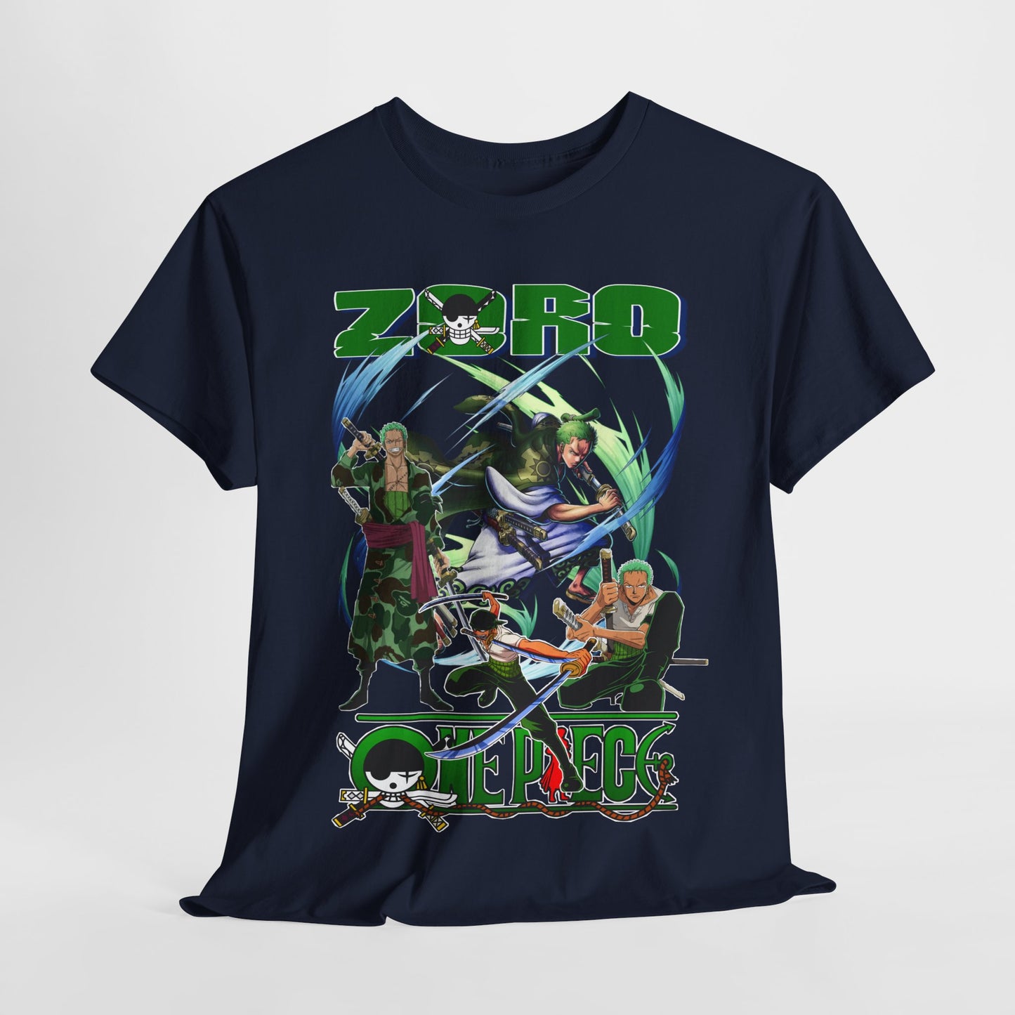 Elegant navy blue t-shirt featuring a bold graphic display of dynamic anime characters from ‘One Piece’, showcasing ‘Zoro’ with intricate designs, a must-have for fashion-conscious fans.