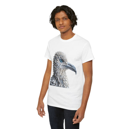 Model wearing a chic white unisex cotton tee featuring an intricate origami bird design, combining comfort and style for a luxurious look.