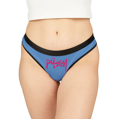 Stylish blue thong panties worn by a model, showcasing a bold 'pussy' graphic in pink, perfectly combining comfort and empowerment in women's lingerie.