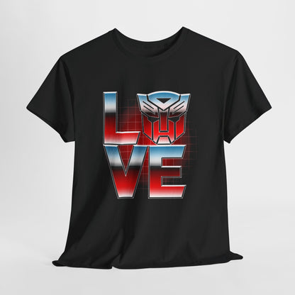 Transformers Love Unisex Mens Womens Graphic Funny T Shirt Tee Urban featuring bold 3D typography and the iconic Transformers logo in a captivating red and blue gradient against a classic black backdrop.
