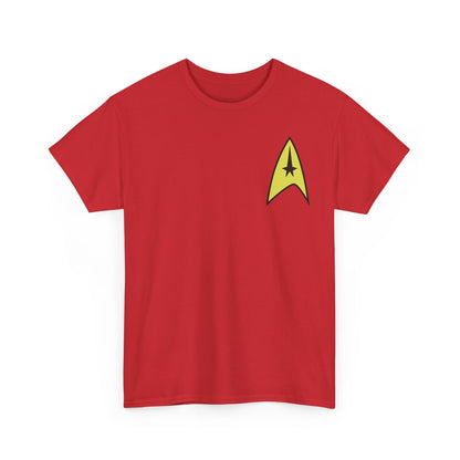Stylish Star Trek Starfleet uniform unisex graphic T-shirt in bold red, embellished with the timeless Starfleet insignia for the discerning fan.