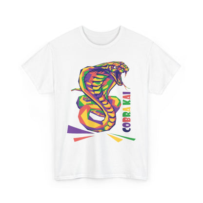 Stylish Cobra Kai graphic t-shirt showcasing an eye-catching snake illustration in vivid colours, designed for comfort and style.