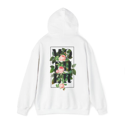 Refined white hoodie with a stunning floral back print, highlighting the word 'MOTHER' amidst a backdrop of exquisite pink roses and vibrant green leaves.