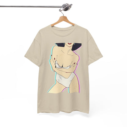 Unisex graphic t-shirt elegantly displayed on a hanger, featuring a playful yet tasteful design of a confident female figure, embodying contemporary street style.