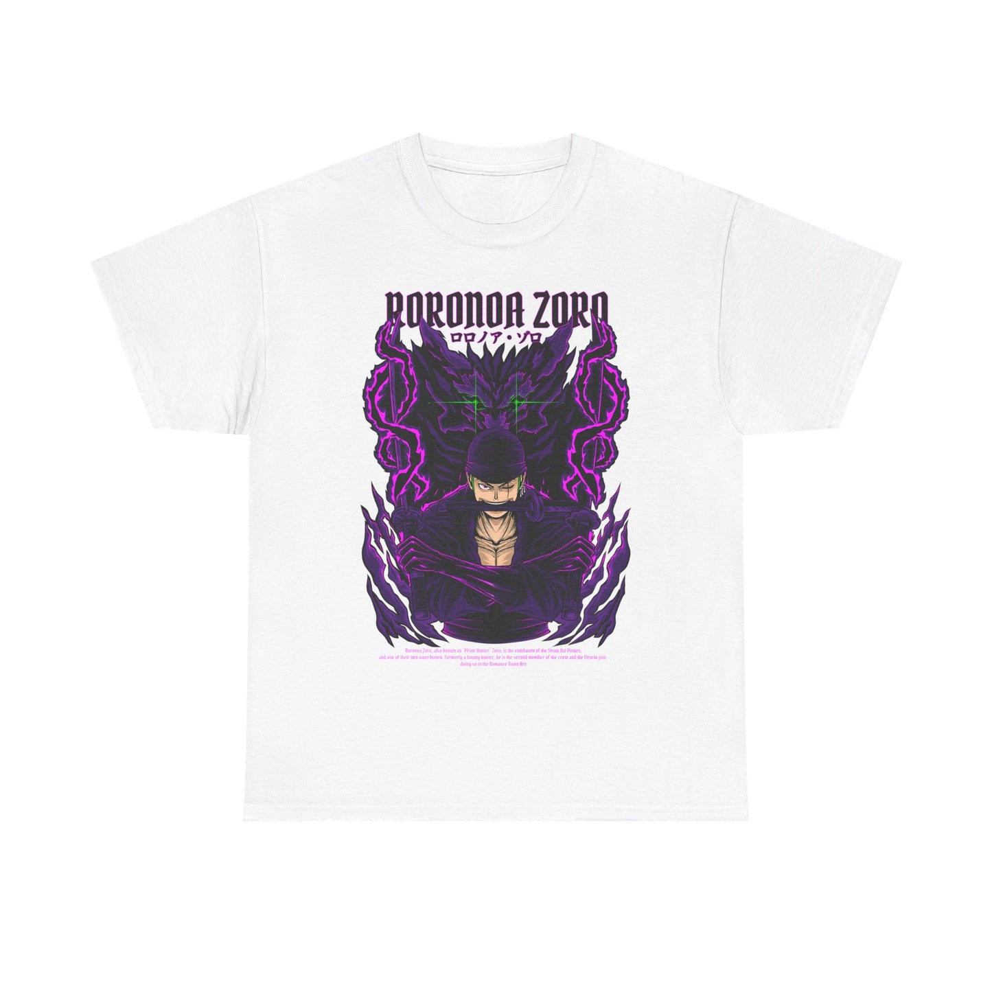 Chic white Roronoa Zoro graphic tee showcasing a captivating design of the legendary anime swordsman surrounded by swirling purple energy, ideal for stylish anime enthusiasts.