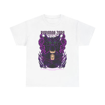 Chic white Roronoa Zoro graphic tee showcasing a captivating design of the legendary anime swordsman surrounded by swirling purple energy, ideal for stylish anime enthusiasts.
