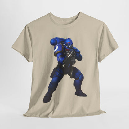 Luxurious unisex graphic t-shirt featuring a vibrant blue Space Marine illustration, perfect for those who appreciate humour and stylish sci-fi themes. Ideal for casual wear and unique gifting.
