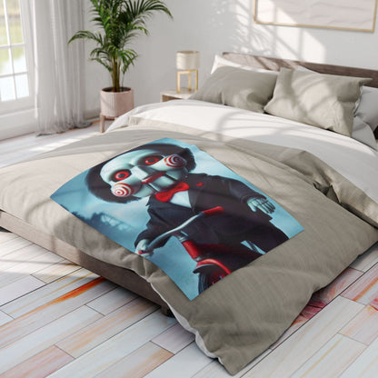 Luxurious Decorative and Warm Halloween Jigsaw Spooky Arctic Fleece Blanket beautifully displayed on a bed, accentuating its unique Halloween-themed design.