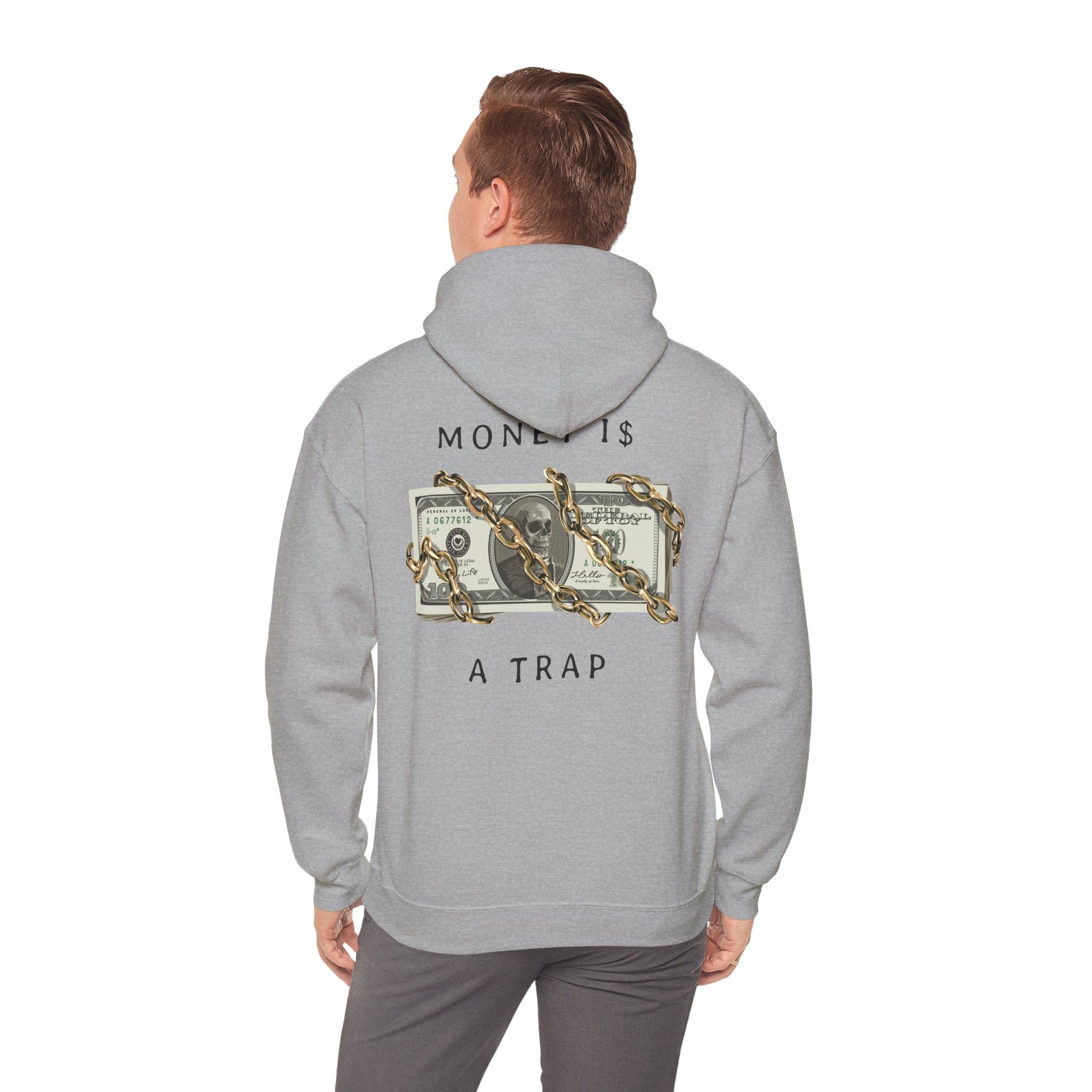 Chic grey hoodie with a unique design on the back, depicting dollar bills and skull imagery, symbolizing the duality of wealth.