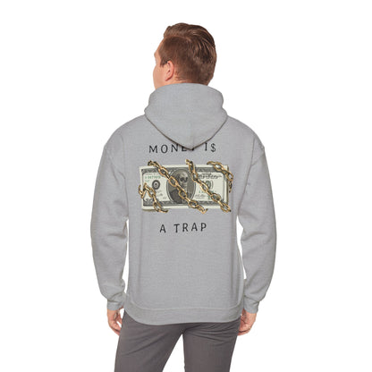 Chic grey hoodie with a unique design on the back, depicting dollar bills and skull imagery, symbolizing the duality of wealth.