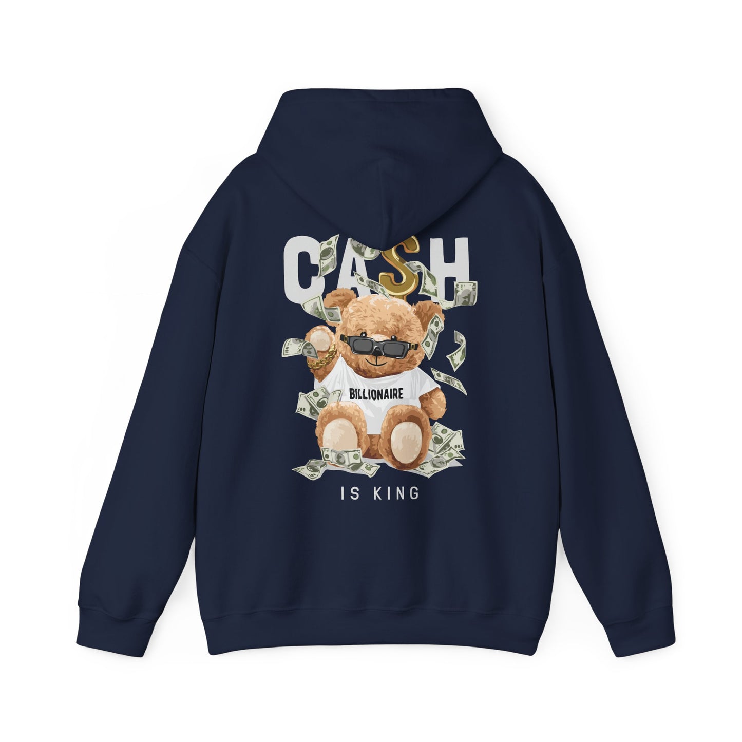 Chic navy hoodie featuring a playful teddy bear with sunglasses, surrounded by floating dollar bills, and the text 'CASH IS KING' in bold letters, perfect for luxury casual wear.