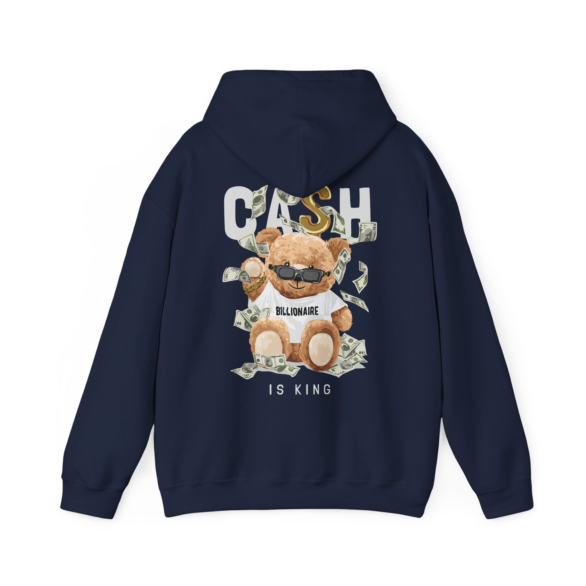 Chic navy hoodie featuring a playful teddy bear with sunglasses, surrounded by floating dollar bills, and the text 'CASH IS KING' in bold letters, perfect for luxury casual wear.