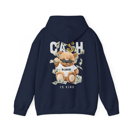 Chic navy hoodie featuring a playful teddy bear with sunglasses, surrounded by floating dollar bills, and the text 'CASH IS KING' in bold letters, perfect for luxury casual wear.