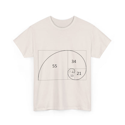 Front view of the Fibonacci Spiral Space Tee in white, featuring a refined Fibonacci spiral graphic, perfect for those who appreciate the elegance of mathematics in fashion.